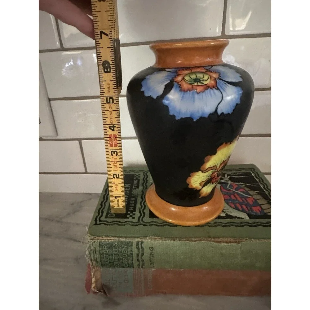 Orange Blue Red Poppy Black Flora Vase Japan Hand Painted 6.5”